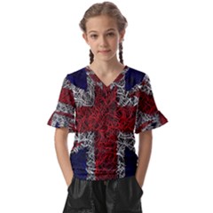Union Jack Flag Uk Patriotic Kids  V-neck Horn Sleeve Blouse