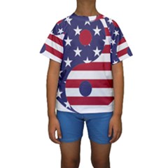 Yang Yin America Flag Abstract Art Asian Balance Kids  Short Sleeve Swimwear