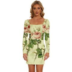 Roses-59 Long Sleeve Square Neck Bodycon Velvet Dress