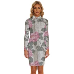 Roses-pink-elegan Long Sleeve Shirt Collar Bodycon Dress