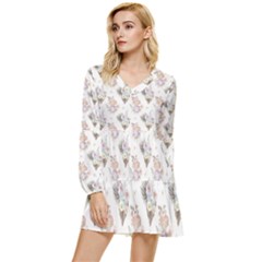 Roses-white Tiered Long Sleeve Mini Dress