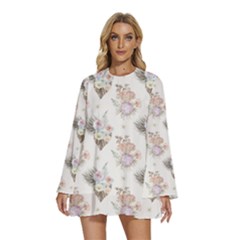 Roses-white Round Neck Long Sleeve Bohemian Style Chiffon Mini Dress