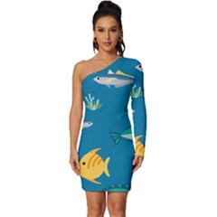 Fish-73 Long Sleeve One Shoulder Mini Dress