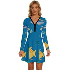 Fish-73 Long Sleeve Deep V Mini Dress 