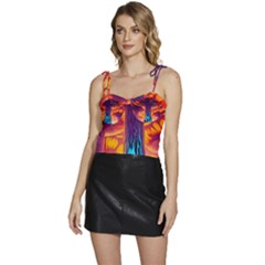 Sci-fi Fantasy Art Painting Colorful Pattern Flowy Camisole Tie Up Top