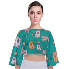 Seamless-pattern-cute-cat-cartoon-with-hand-drawn-style Tie Back Butterfly Sleeve Chiffon Top by Salman4z