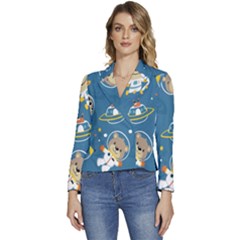 Seamless-pattern-funny-astronaut-outer-space-transportation Women s Long Sleeve Revers Collar Cropped Jacket