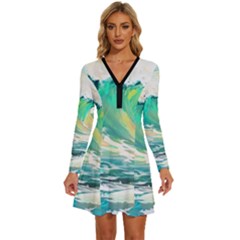 Waves Ocean Sea Tsunami Nautical Painting Long Sleeve Deep V Mini Dress  by Ravend
