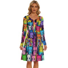 Cats Rainbow Pattern Colorful Feline Pets Long Sleeve Dress With Pocket by Ravend