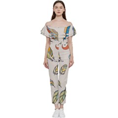 Vector-boho-doodle-feathers-seamless-pattern-illustration Off Shoulder Ruffle Top Jumpsuit