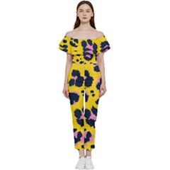 Leopard-print-seamless-pattern Off Shoulder Ruffle Top Jumpsuit