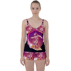 Astronaut-spacesuit-standing-surfboard-surfing-milky-way-stars Tie Front Two Piece Tankini by Salman4z
