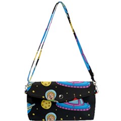 Seamless-pattern-with-space-objects-ufo-rockets-aliens-hand-drawn-elements-space Removable Strap Clutch Bag
