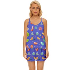 Virus-seamless-pattern V-neck Satin Pajamas Set