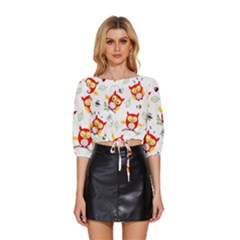 Seamless-pattern-vector-owl-cartoon-with-bugs Mid Sleeve Drawstring Hem Top