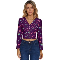 Colorful-stars-hearts-seamless-vector-pattern Long Sleeve V-neck Top