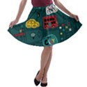 Seamless-pattern-hand-drawn-with-vehicles-buildings-road A-line Skater Skirt View1