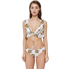 Lion Heads Pattern Design Doodle Low Cut Ruffle Edge Bikini Set
