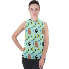 Dog Pattern Seamless Blue Background Scrapbooking Mock Neck Chiffon Sleeveless Top