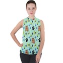 Dog Pattern Seamless Blue Background Scrapbooking Mock Neck Chiffon Sleeveless Top View1