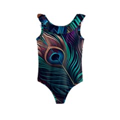 Peacock Feathers Nature Feather Pattern Kids  Frill Swimsuit