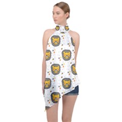 Lion Heads Pattern Design Doodle Halter Asymmetric Satin Top
