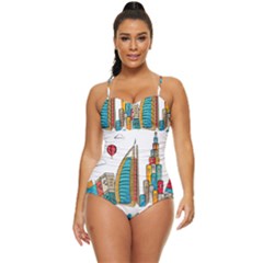 Burj Khalifa Skyline Clip Art Drawing Comic World Retro Full Coverage Swimsuit