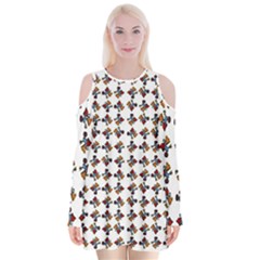 Mixed Abstract Colors Pattern Velvet Long Sleeve Shoulder Cutout Dress