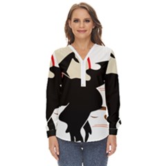 Bat Broom Broomstick Zip Up Long Sleeve Blouse