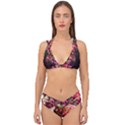 Pink Flower Double Strap Halter Bikini Set View1