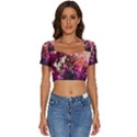Pink Flower Short Sleeve Square Neckline Crop Top  View1