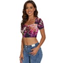 Pink Flower Short Sleeve Square Neckline Crop Top  View2