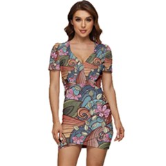 Multicolored Flower Decor Flowers Patterns Leaves Colorful Low Cut Cap Sleeve Mini Dress by B30l