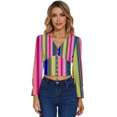 Pastel Colors Striped Pattern Long Sleeve V-neck Top