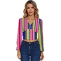 Pastel Colors Striped Pattern Long Sleeve V-Neck Top View1