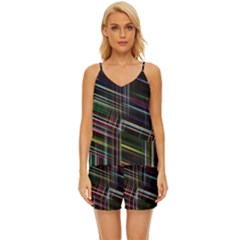 False Prismatic Black Background V-neck Satin Pajamas Set