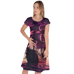 Ship Pirate Adventure Landscape Ocean Sun Heaven Classic Short Sleeve Dress