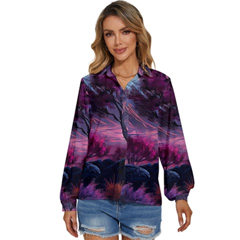 Landscape Painting Purple Tree Women s Long Sleeve Button Up Shirt by Ndabl3x