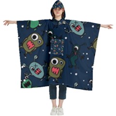 Monster-alien-pattern-seamless-background Women s Hooded Rain Ponchos