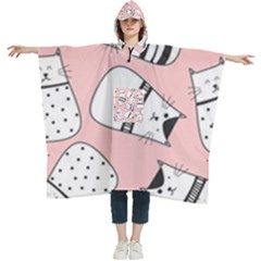 Cute Cats Cartoon Seamless-pattern Women s Hooded Rain Ponchos