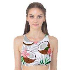 Seamless Pattern Coconut Piece Palm Leaves With Pink Hibiscus Tank Bikini Top