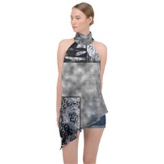 Background Pattern Geometric Design Halter Asymmetric Satin Top