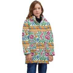 Flower Fabric Design Kids  Hooded Longline Puffer Jacket