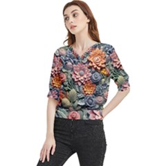 3d Flower Bloom Embossed Pattern Quarter Sleeve Blouse