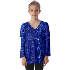 Blue Bubbles Abstract Kids  V Neck Casual Top