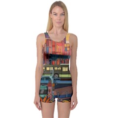 The City Style Bus Fantasy Architecture Art One Piece Boyleg Swimsuit