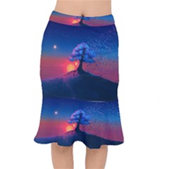 Dark Tree Sunset Landscape Art Short Mermaid Skirt