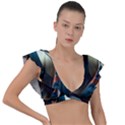 Colorful Peacock Bird Feathers Plunge Frill Sleeve Bikini Top View1