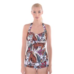 Natural-seamless-pattern-with-tiger-blooming-orchid Boyleg Halter Swimsuit 