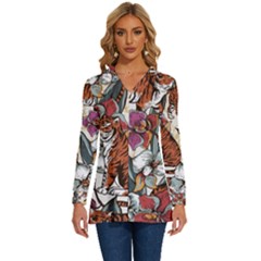 Natural-seamless-pattern-with-tiger-blooming-orchid Long Sleeve Drawstring Hooded Top